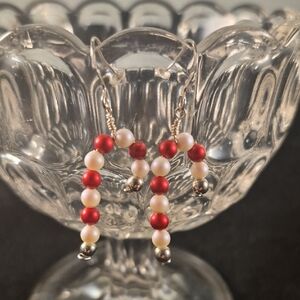 Glass Beaded Candy Cane Stainless Steel Christmas Holiday Earrings